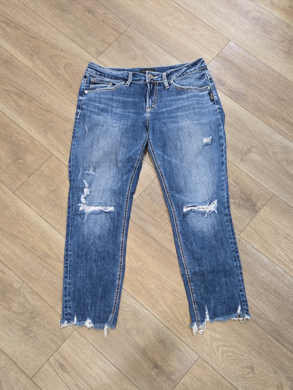Silver Boyfirend Jeans Distressed Medium Blue Cropped Ankles Size 28x27